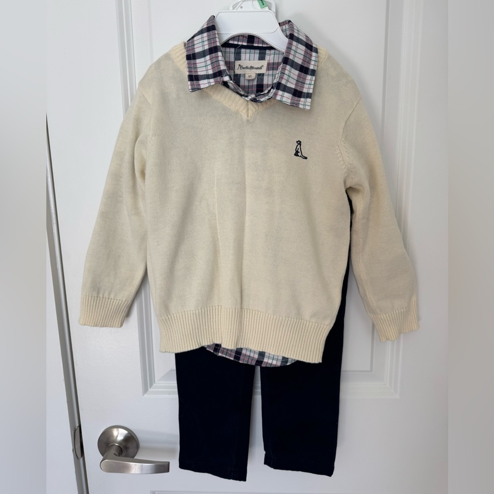 Beetle & Thread Plaid Button Up Long Sleeve, Cream Sweater, & Navy Pants